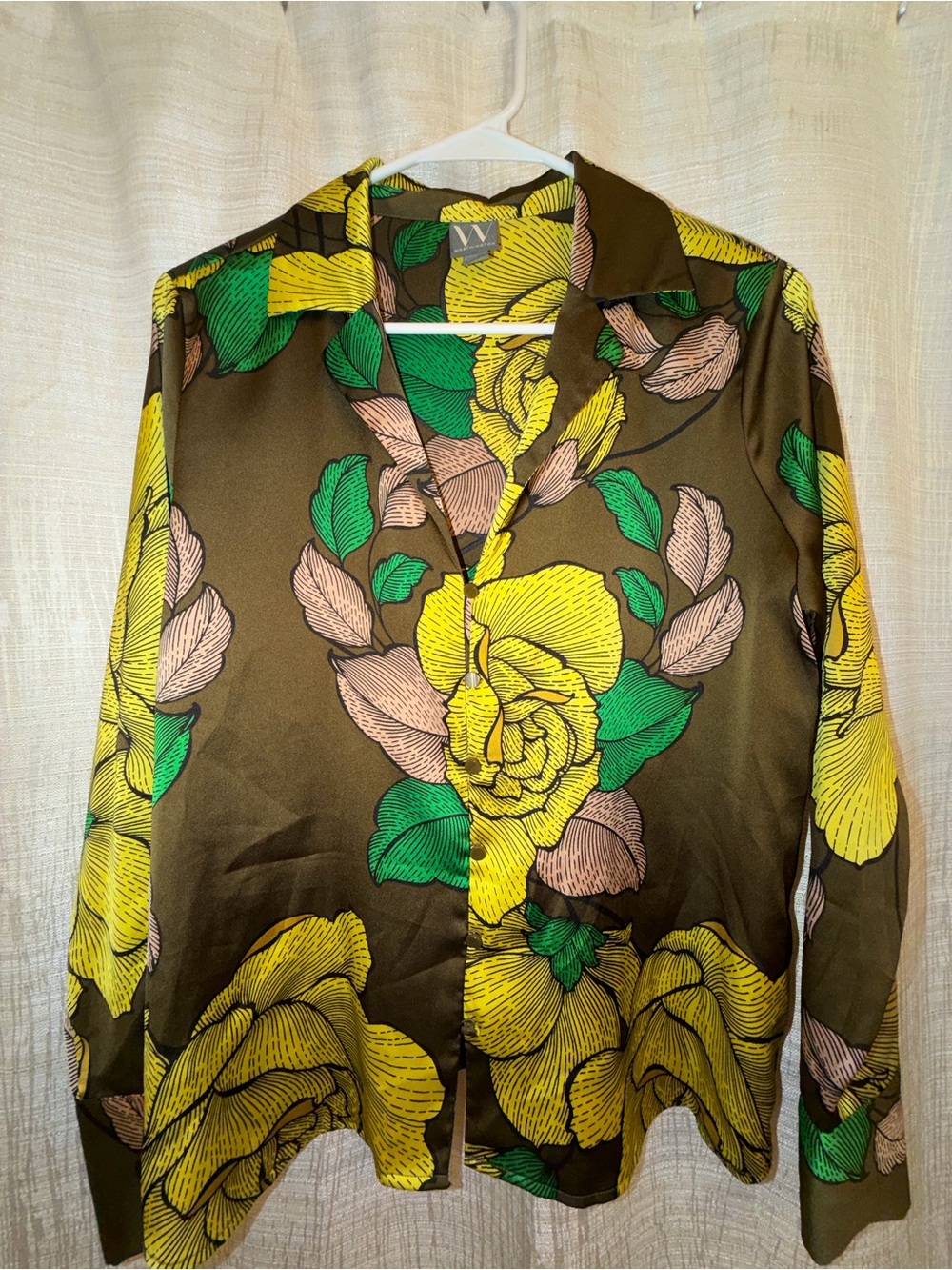 Worthington Olive Blouse with Yellow Floral and Green Leaves